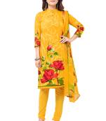 Yellow & Red cotton Printed Unstitch top & bottom with dupatta