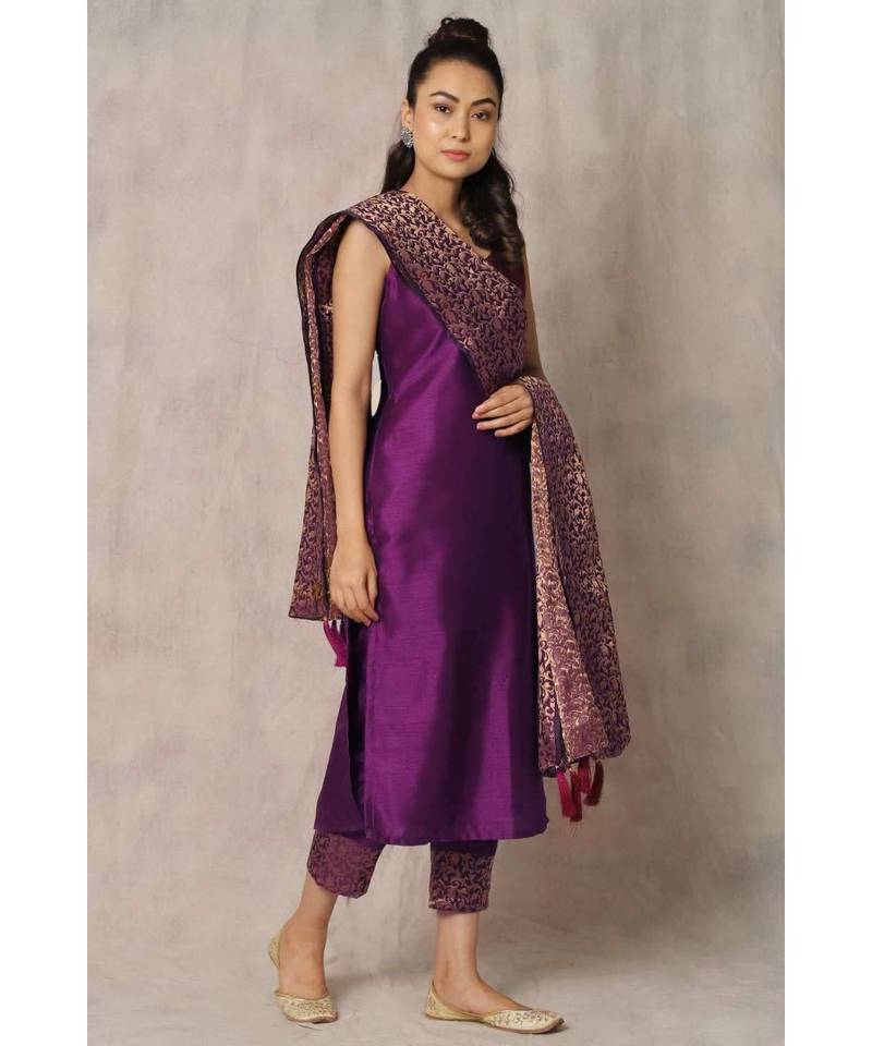 purple cotton Uda kurta & pant with dupatta