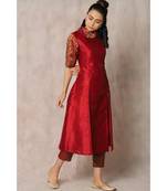 red cotton kurti pant set with rose panel print
