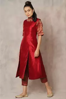 red cotton kurti pant set with rose panel print