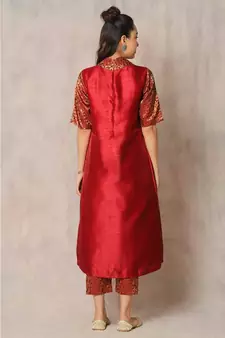 red cotton kurti pant set with rose panel print