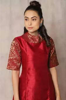 red cotton kurti pant set with rose panel print