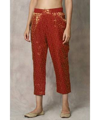 red cotton kurti pant set with rose panel print 5