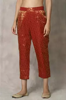 red cotton kurti pant set with rose panel print