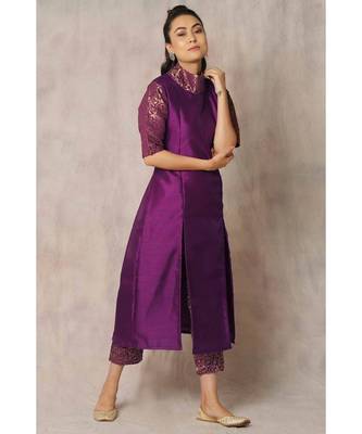 purple cotton Salvia panel kurti & pant 1