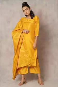 yellow cotton Zard kurti & pant with dupatta