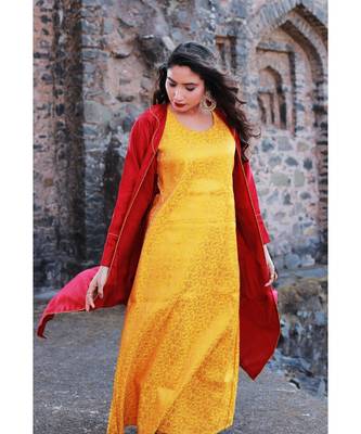 mustard cotton Calla lilly jacket with dress 4