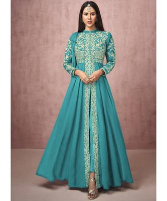  Sonam BajwaSky Blue Embroidered Slit Style Anarkali Pant Suit 1