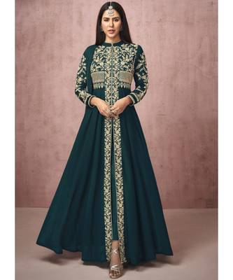  Sonam Bajwa Peacock Green Embroidered Slit Style Anarkali Pant Suit 1