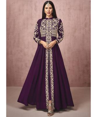  Sonam Bazwa Purple Embroidered Slit Style Anarkali Pant Suit 1