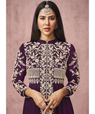  Sonam Bazwa Purple Embroidered Slit Style Anarkali Pant Suit 2