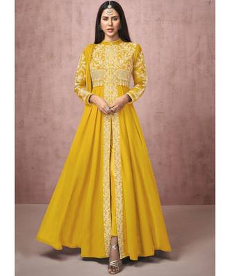  Sonam Bazwa Yellow Embroidered Slit Style Anarkali Pant Suit 1