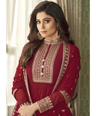  Shamita Shetty Dark Red Georgette Designer Party Wear Suit 2