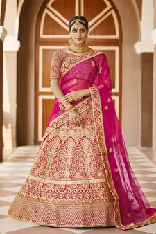 Stunning Pink Heavy Hand Work & Embroidered Velvet Bridal Lehenga