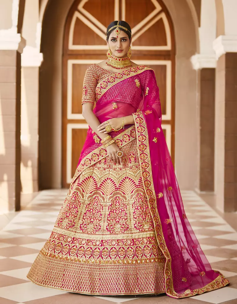 Stunning Pink Heavy Hand Work & Embroidered Velvet Bridal Lehenga