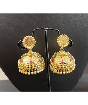 Beautiful Gold Tone Lakshmi Coin Ruby Jhumkka  DJ32058 1