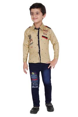 Beige plain cotton silk boys-suit 1