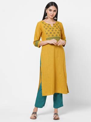 Yellow printed cotton ethnic-kurtis 1