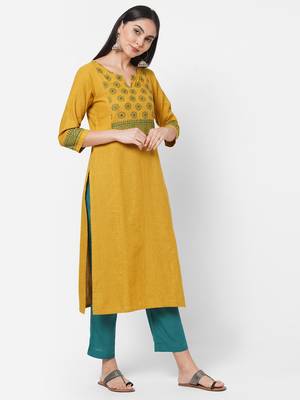 Yellow printed cotton ethnic-kurtis 3