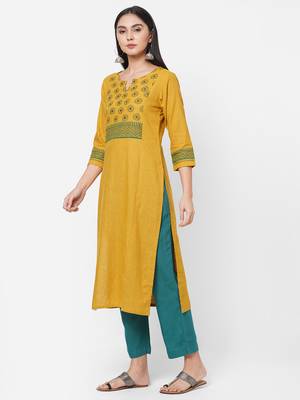 Yellow printed cotton ethnic-kurtis 4