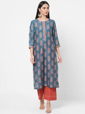 Blue embroidered viscose ethnic-kurtis 1