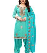 Turquoise embroidered poly cotton salwar
