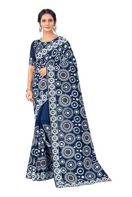Blue embroidered faux organza saree with blouse 1