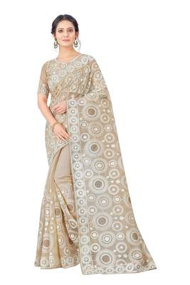 Chiku embroidered faux organza saree with blouse 1