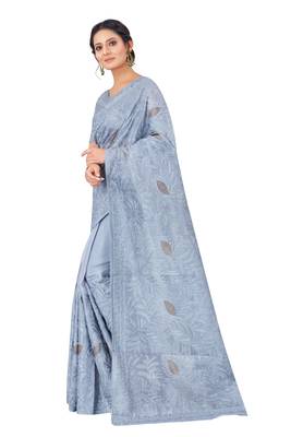 Grey embroidered faux organza saree with blouse 1
