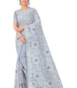 Grey embroidered faux organza saree with blouse