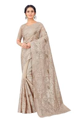 Cream embroidered faux organza saree with blouse 1
