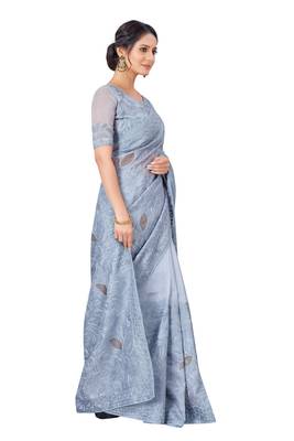 Grey embroidered faux organza saree with blouse 3