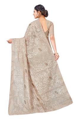 Cream embroidered faux organza saree with blouse 2