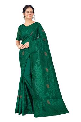 Green embroidered faux organza saree with blouse 1