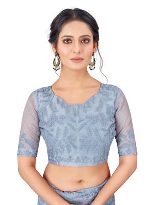 Grey embroidered faux organza saree with blouse 4