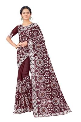 Maroon embroidered faux organza saree with blouse 1