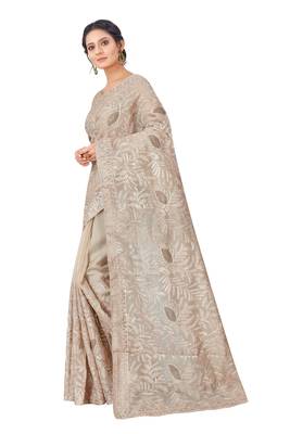 Cream embroidered faux organza saree with blouse 3