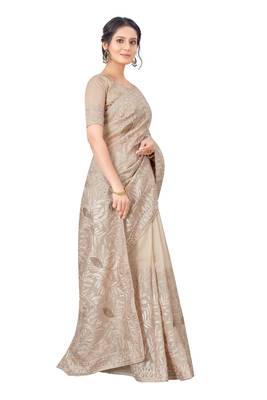 Cream embroidered faux organza saree with blouse 4