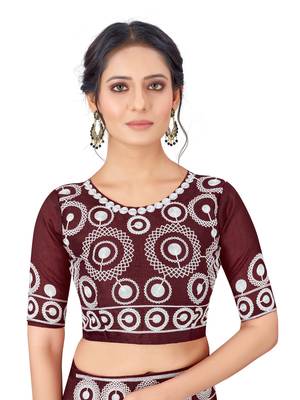 Maroon embroidered faux organza saree with blouse 2