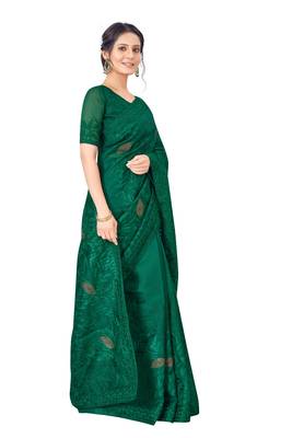 Green embroidered faux organza saree with blouse 3