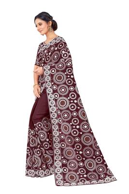 Maroon embroidered faux organza saree with blouse 3