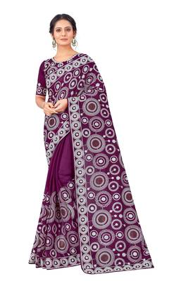 Dark purple embroidered faux organza saree with blouse 1