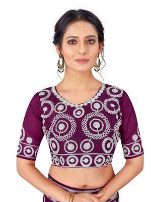 Dark purple embroidered faux organza saree with blouse 2