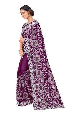 Dark purple embroidered faux organza saree with blouse 3
