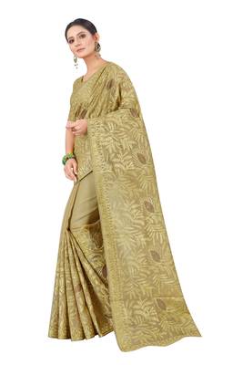 Gold embroidered faux organza saree with blouse 2