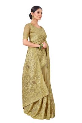 Gold embroidered faux organza saree with blouse 3