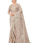 Light chiku embroidered faux organza saree with blouse