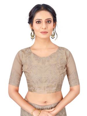 Light chiku embroidered faux organza saree with blouse 5