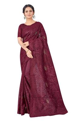 Maroon embroidered faux organza saree with blouse 1