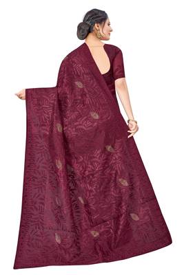 Maroon embroidered faux organza saree with blouse 2
